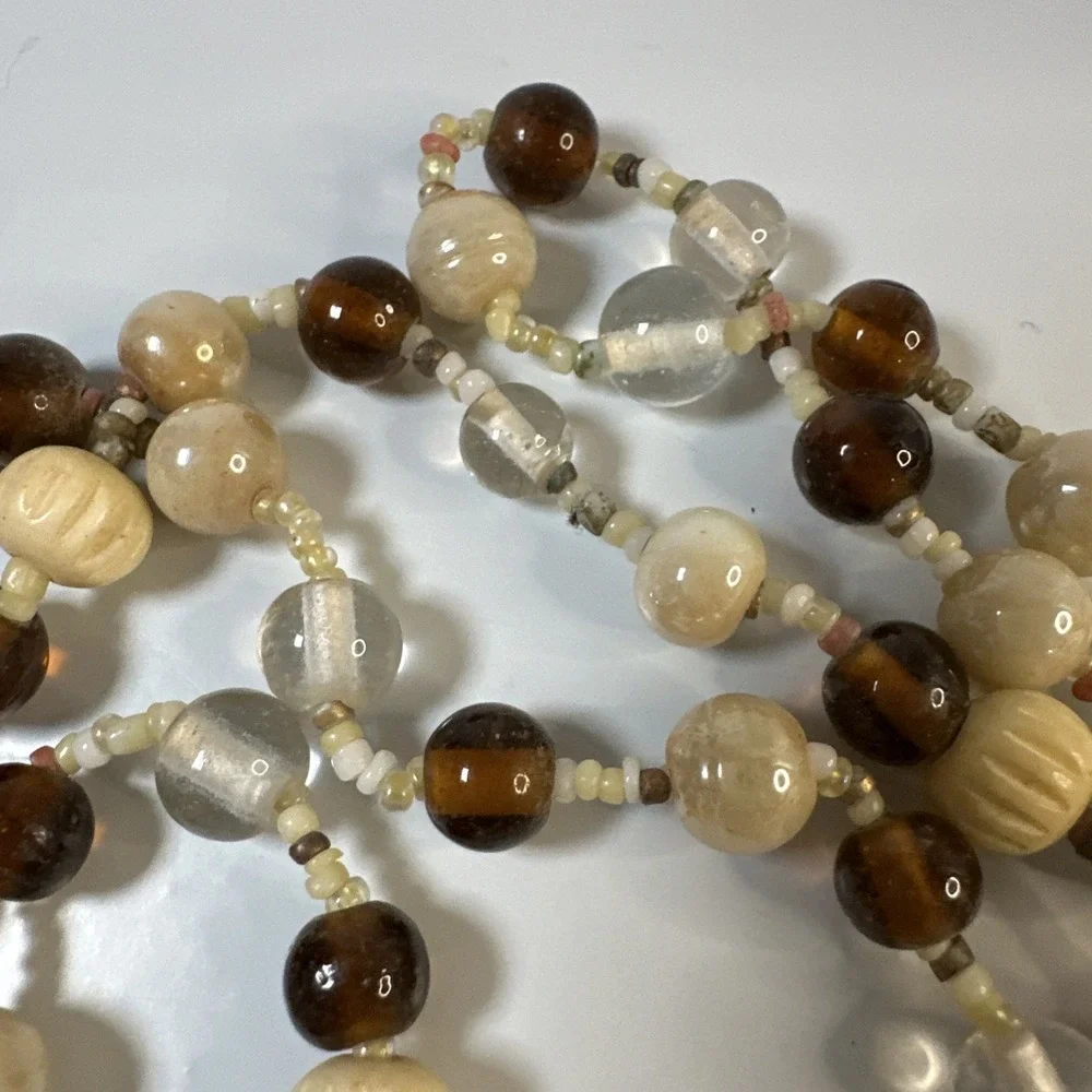 Vintage Boho Statement Necklace 42 Inch Over Head Carved Wood Bead Artisan